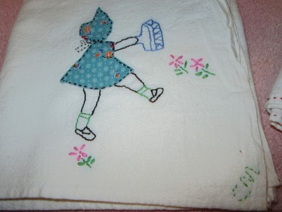 2 Vintage Muslin/Cotton Tea Towels -Embroidered & Appliquéd - Sunbonnet Sue
