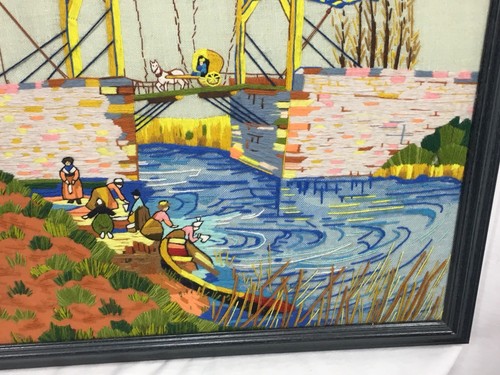 Needlepoint Framed Completed Bridge Water People Horse Buggy 21 1/2” X 19”