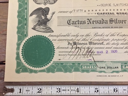 Cactus Nevada Silver Mines Company Mining Stock Certificate Nevada 1920