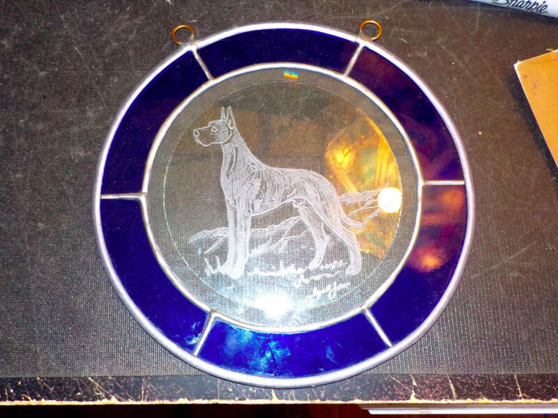 Great Dane hand engraved  signed glass panel, stained glass border