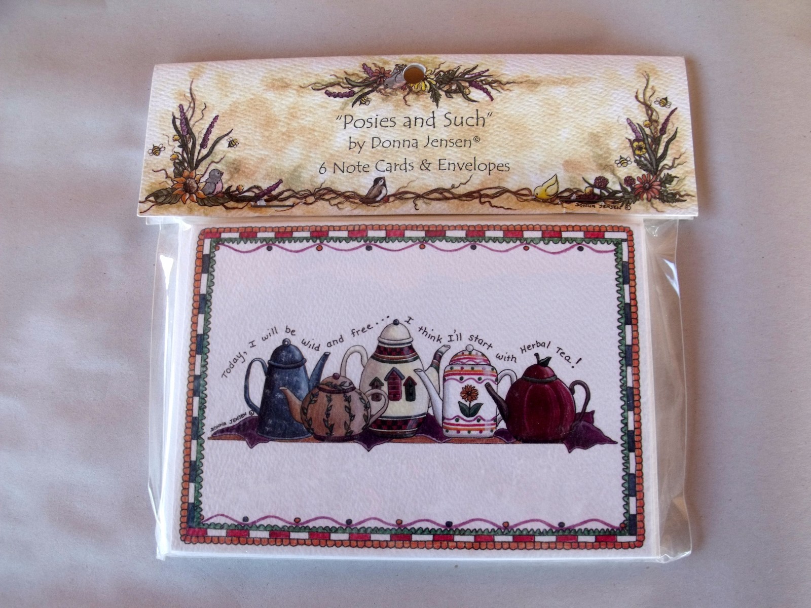 Pkge 6 Note Cards Env Posies & Such Donna Jensen Tea Pots Wild & Free Herbal Tea