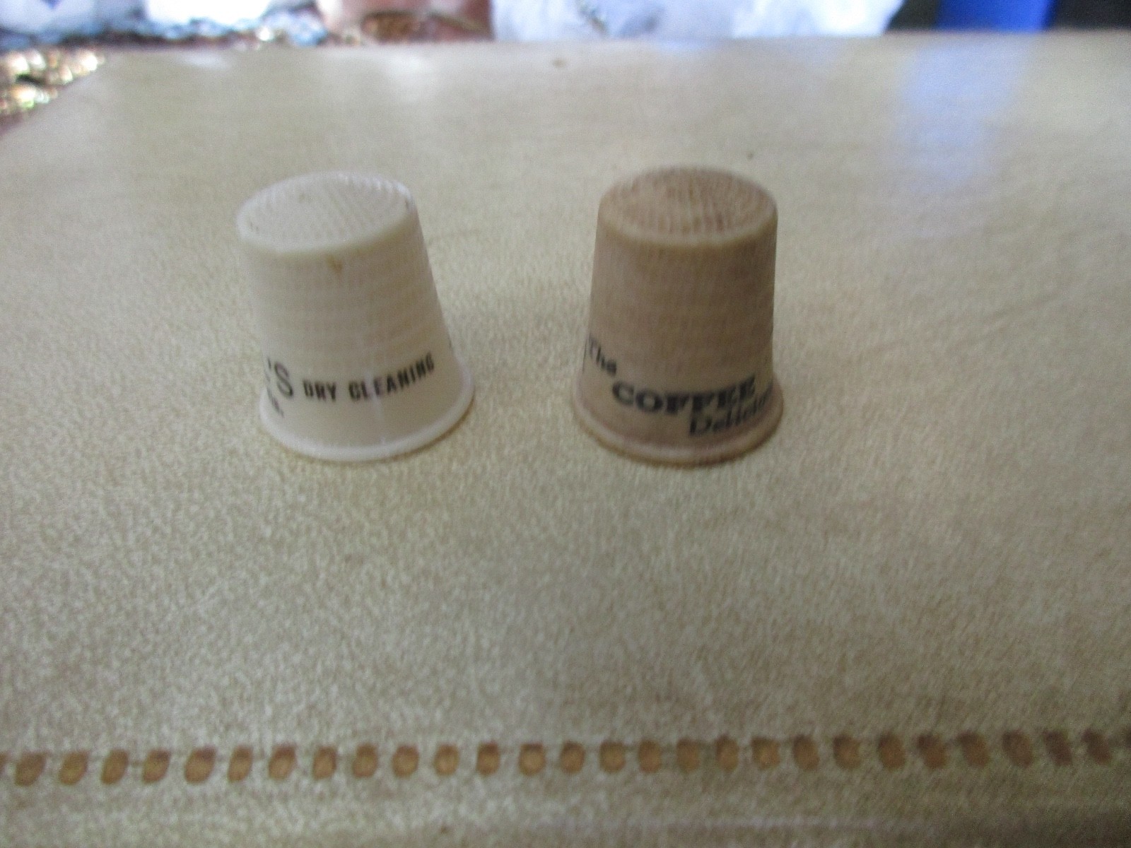 VINTAGE Thimble Lot 2 Advertising RYDAHLS CLEANING MARINETTE WI BUTTER COFFEE 2