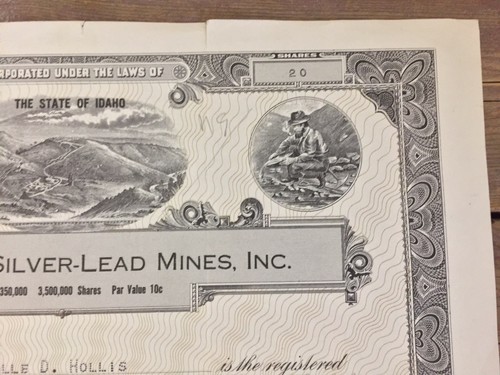 Lexington Silver-Lead Mines Inc Stock Certificate Idaho 1948 20 Shares