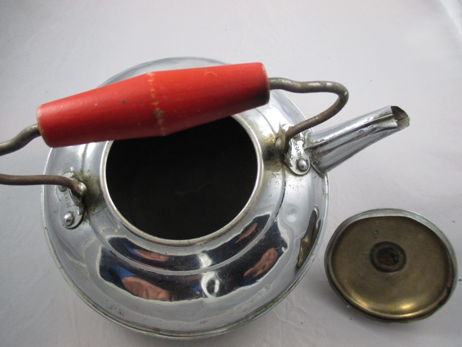 Antique Vintage Revere Tin Tea Pot, Wire & Wood Handle, 7 1/2