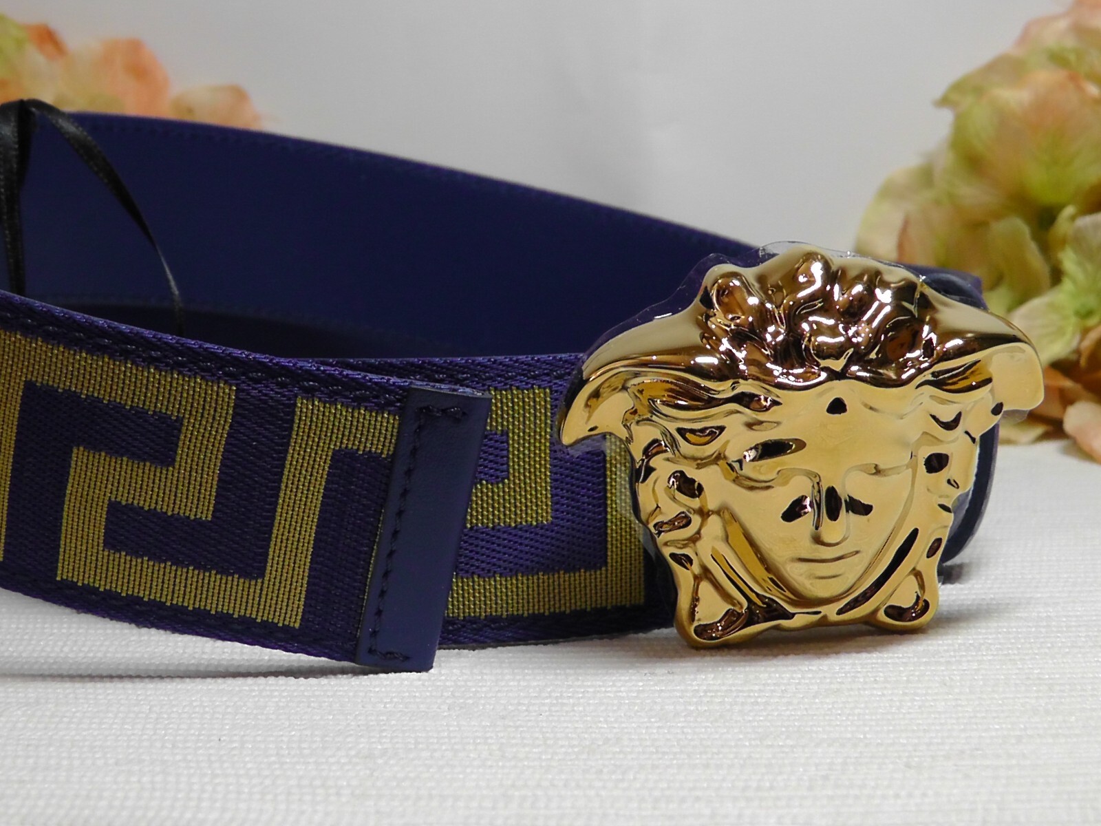 Pre-owned Versace Men's La Medusa Blue / Gold Web Belt Size 95cm Or 37 Inches$495nwt