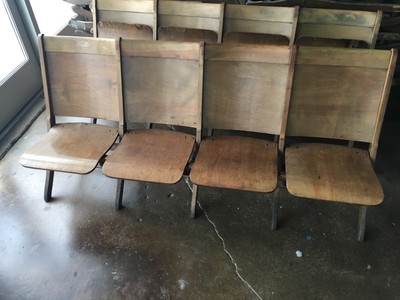 Vintage wooden folding chairs/bench.  Vintage stadium seating theater seating