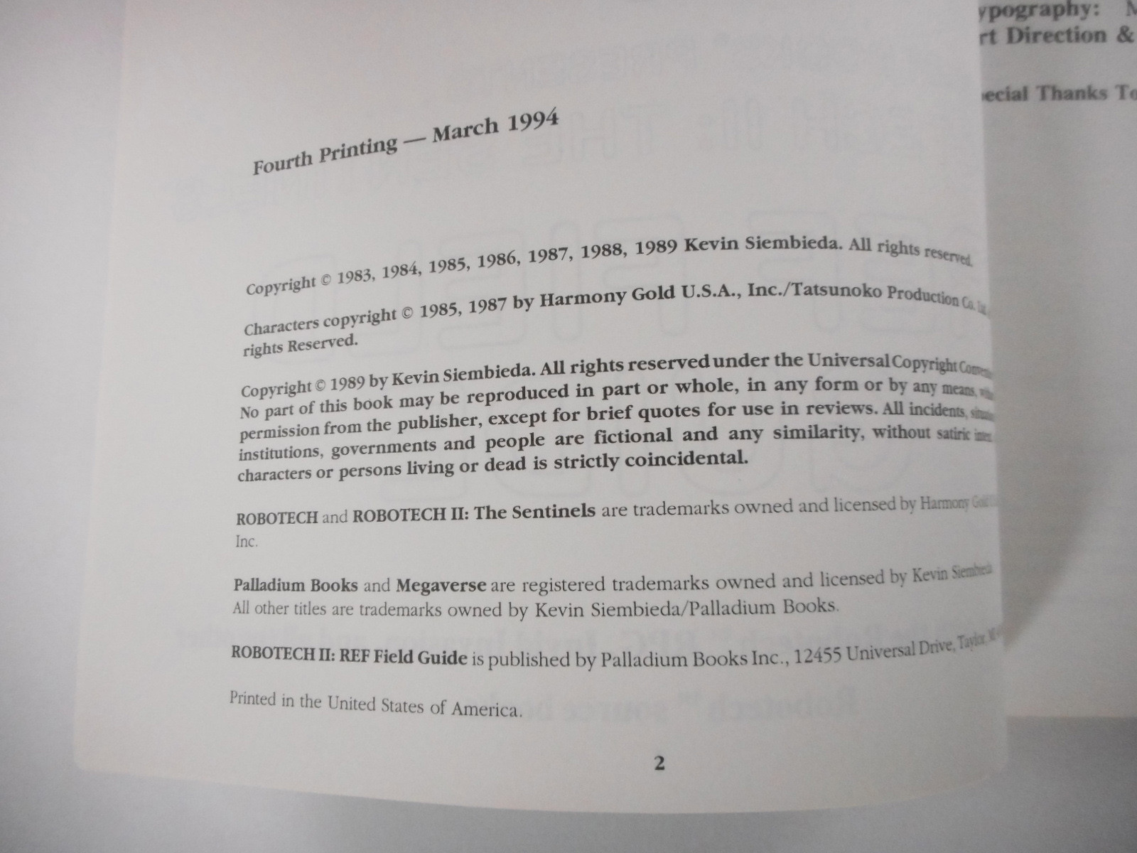 Vtg Robotech II RPG REF Field Guide Reference Book by Palladium Books 1989 80s