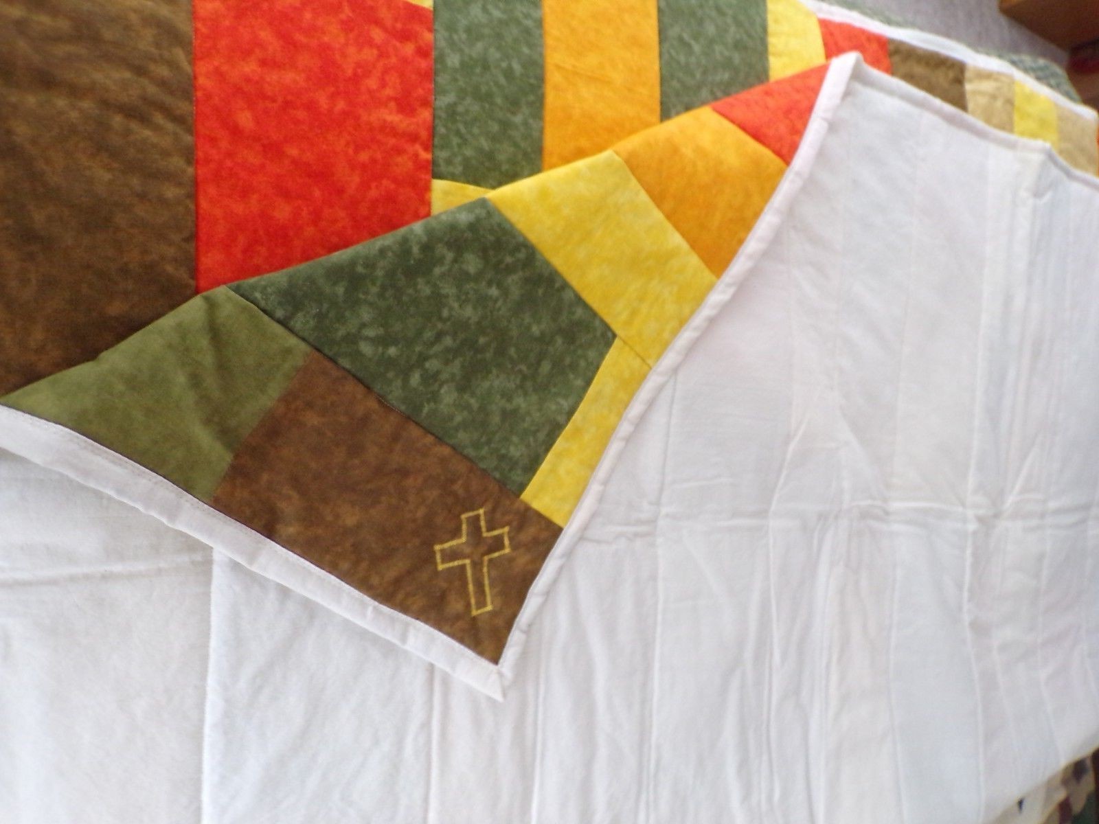 Handcrafted prayer quilt with cross 66 x 52 yellow green orange brown NEW