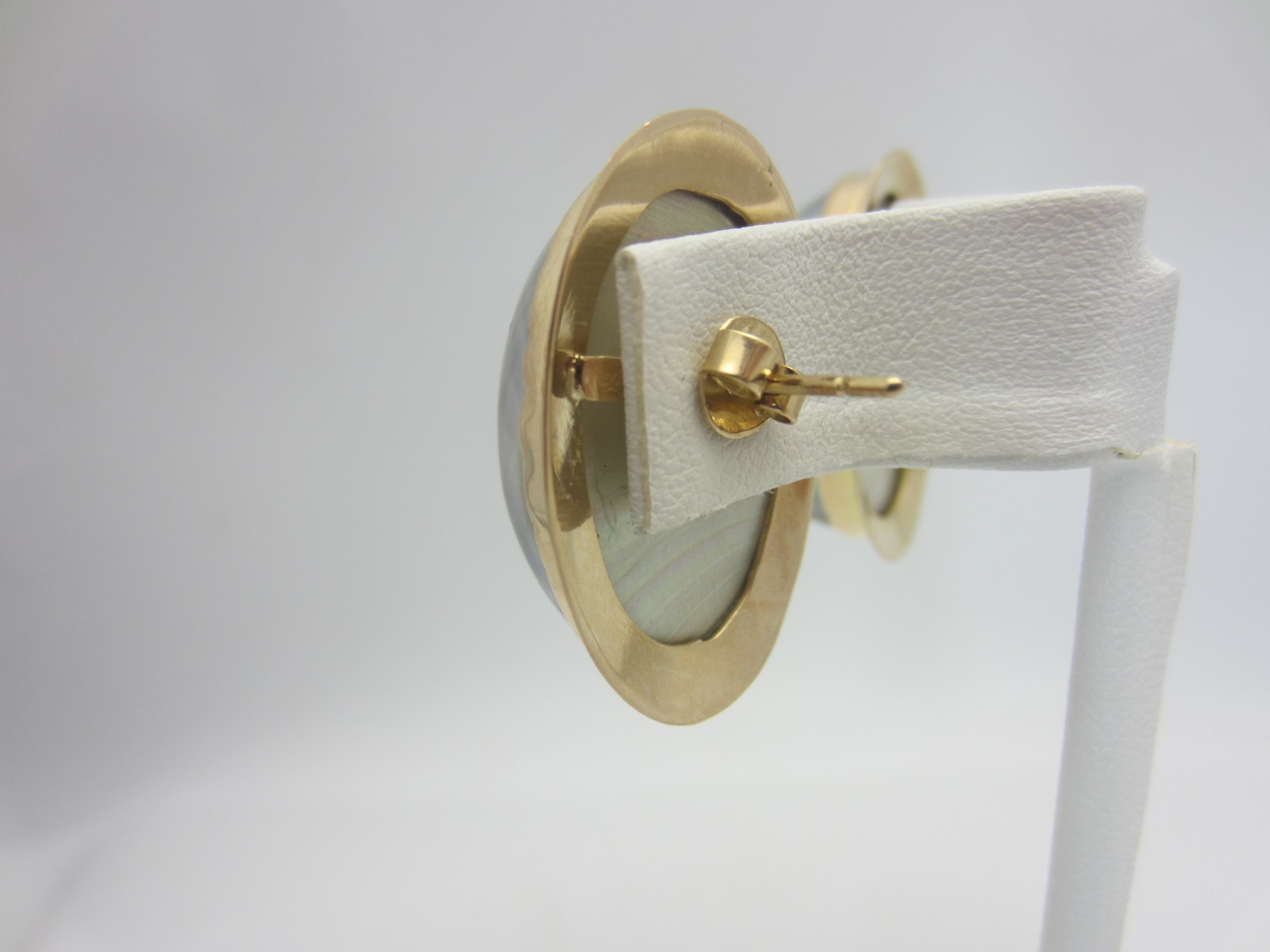 Vintage 18K Yellow Gold and Silver Mabe Pearl Earrings  28 x18 mm. large