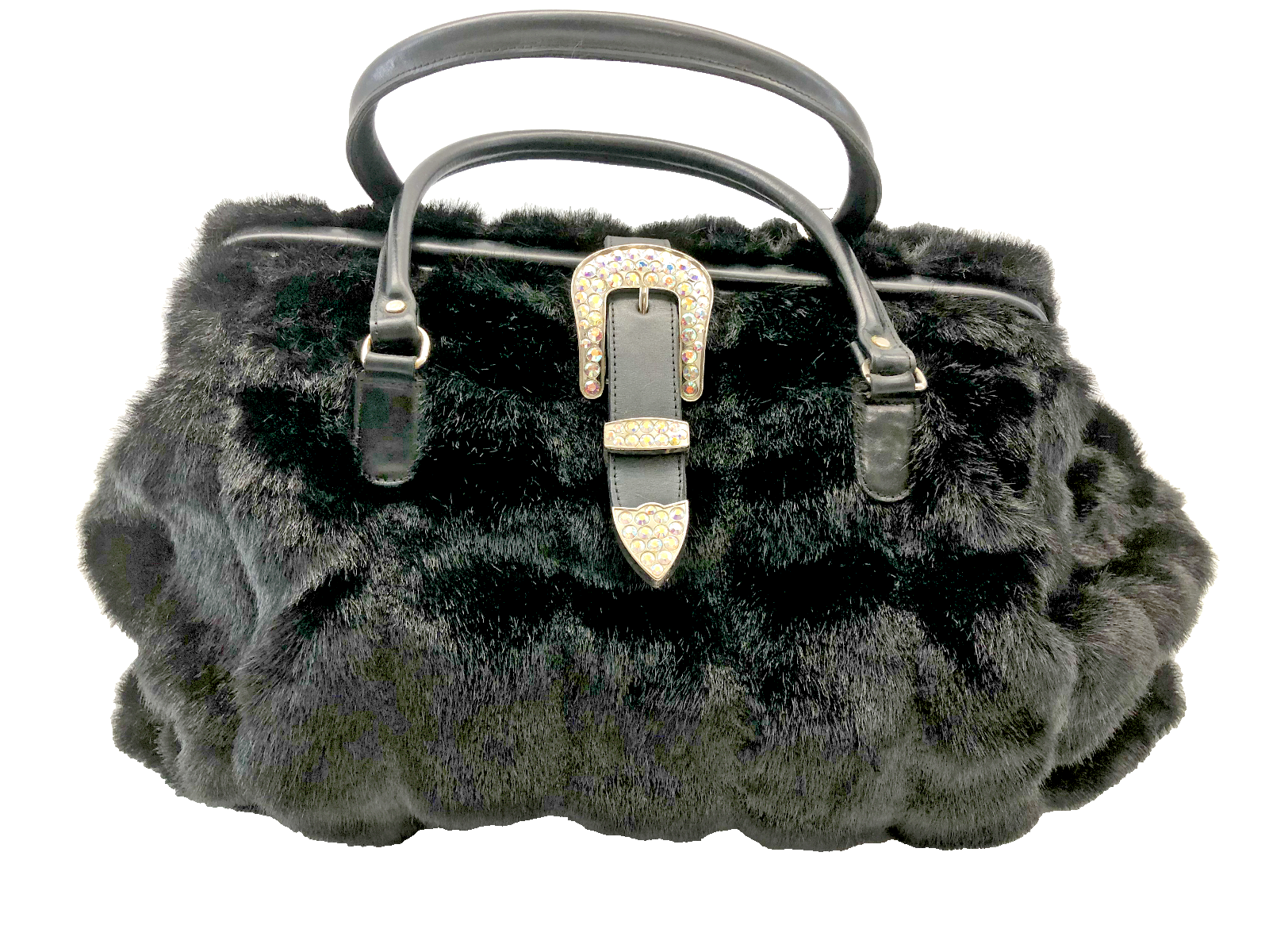 Black Faux Fur Overnight Bag Swarovski Crystal Buckle Carpet Bag Luggage