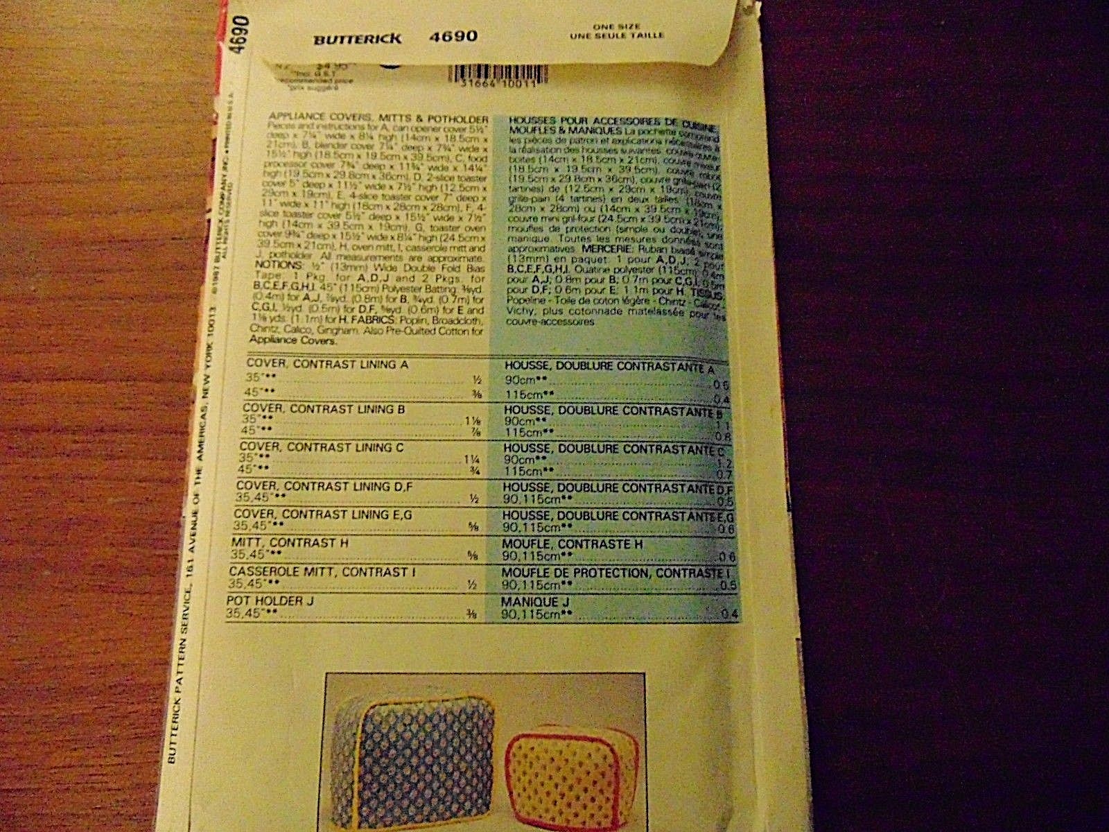Uncut BUTTERICK Sewing Craft Pattern APPLIANCE COVERS MITTS & POTHOLDERS