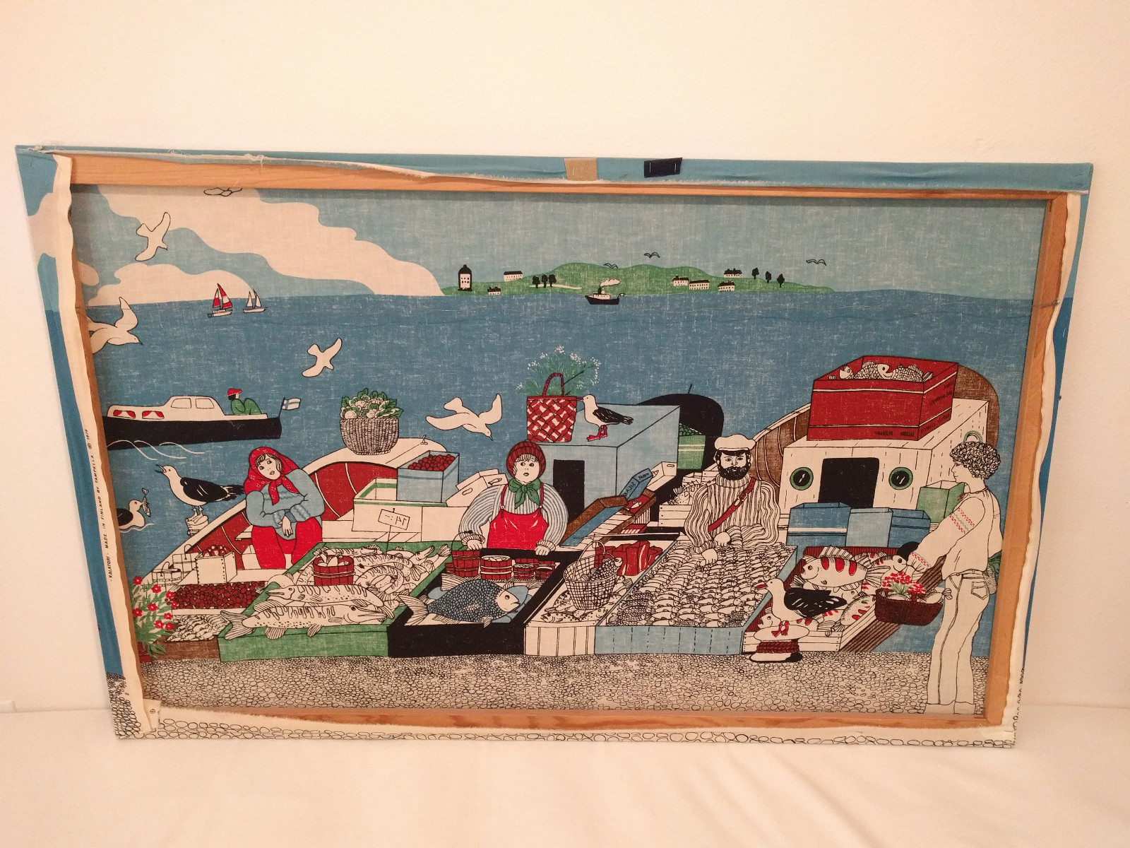 Large Vintage Mid Century Tampella Silkscreen Wall Art Fish Market 48x30 Finland