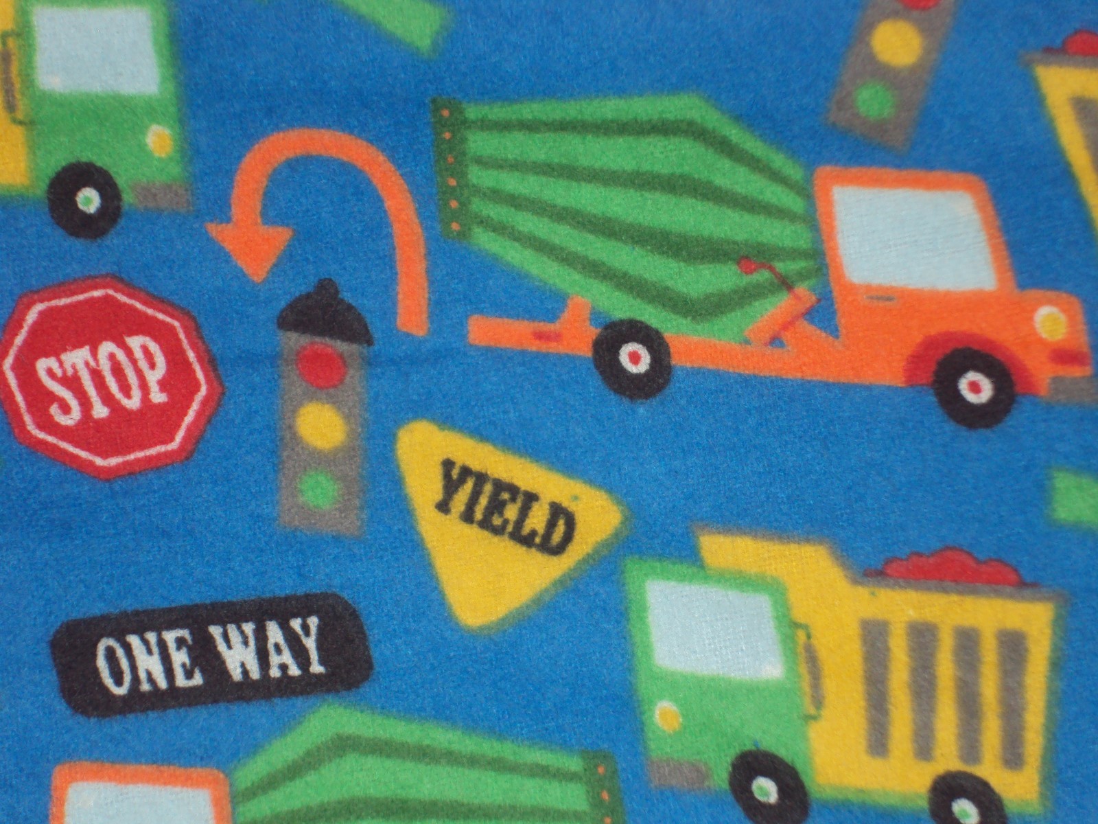 Blue cotton flannel fabric with trucks and road signs, boy, 1 yard