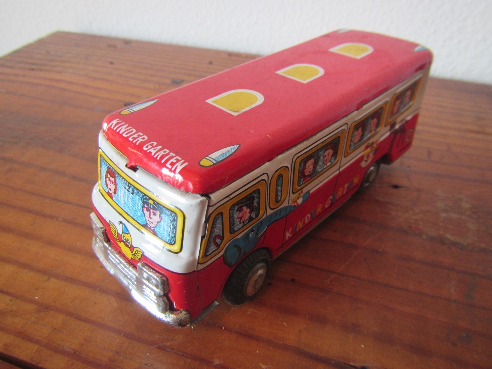 RARE Japanese Tin Litho Friction Kinder Garten Bus Kids Animals Zoo Japan  #4620