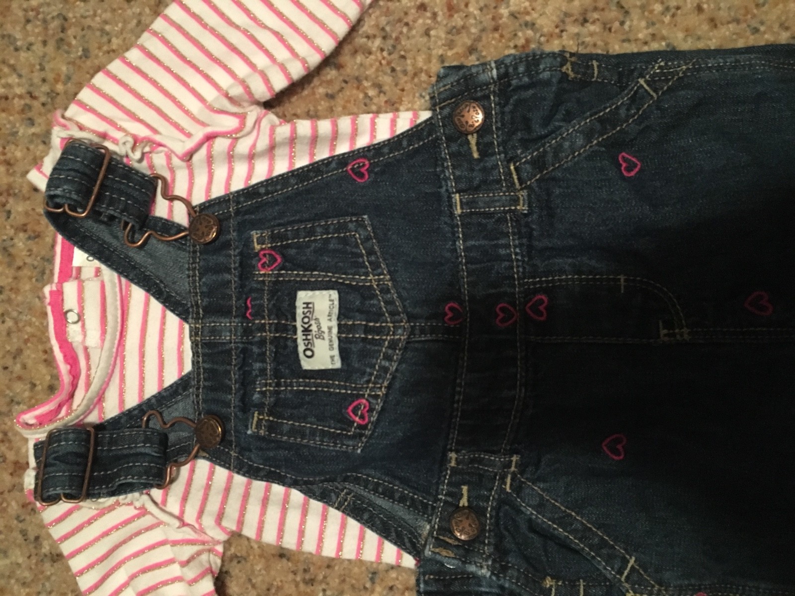 Osh Kosh Overalls and Bodysuit Pink Hearts/Stripes 12 Months