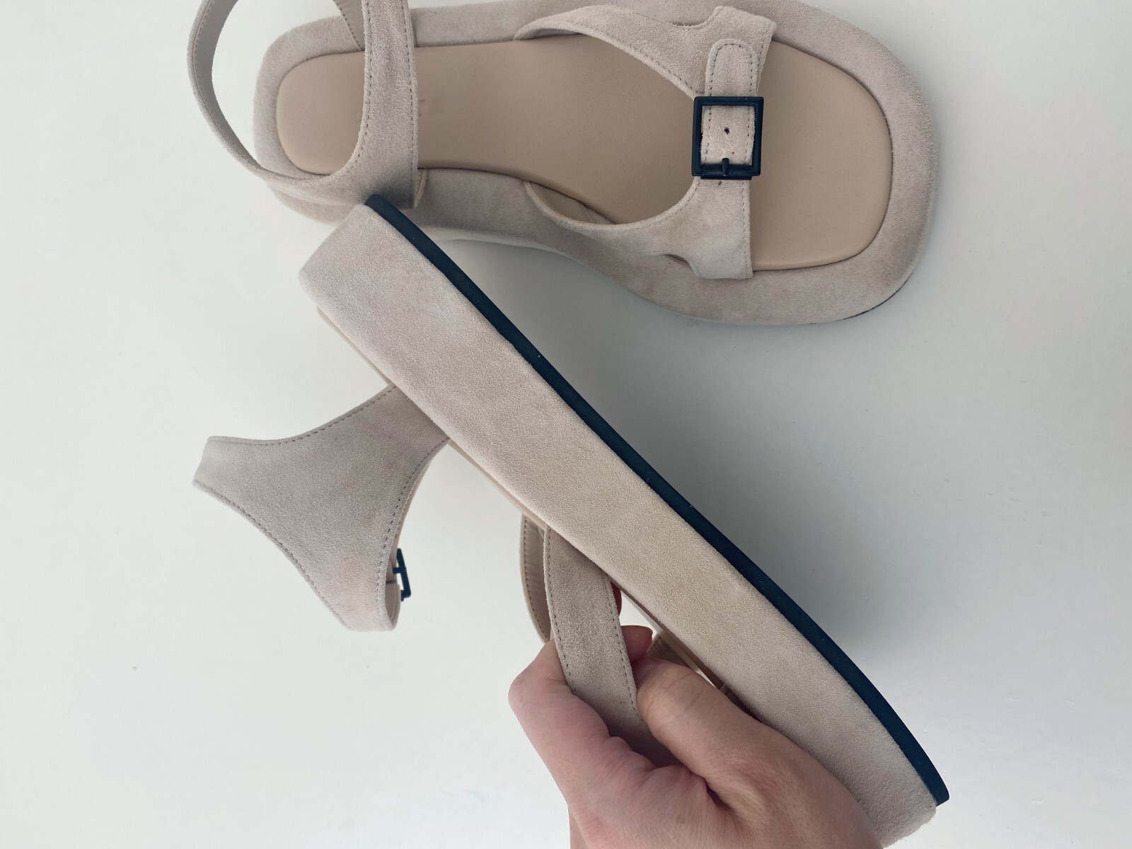Pre-owned Handmade Women Suede Leather Geri Sandals Row Minimalist Shoes Platform Ankle In Beige
