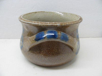 Vntage Stoneware Pottery Brown Salt Glaze with Cobalt Crock with Handles