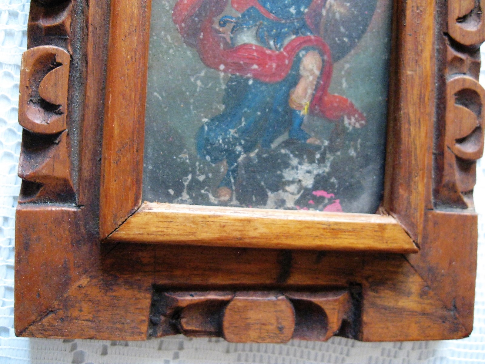 ORIGINAL ANTIQUE RETABLO ON TIN WITH THE IMAGE OF ARCHANGEL MICHAEL GREAT FRAME