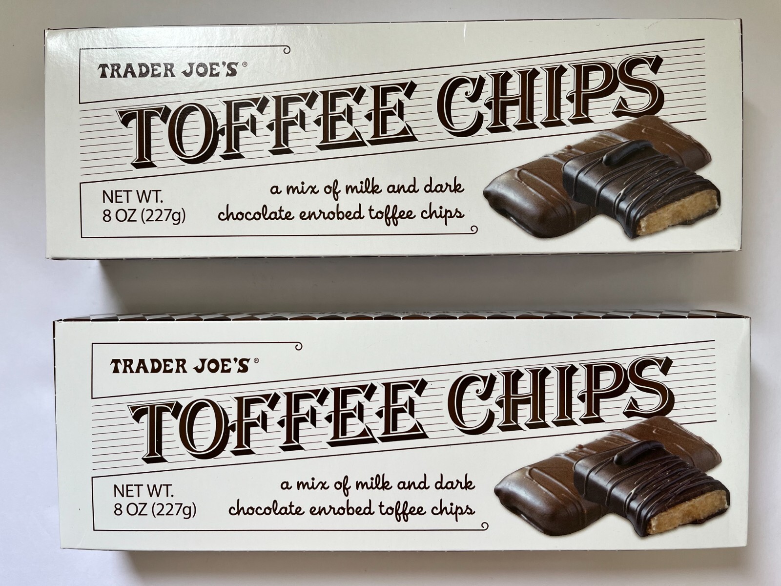2 BOXES TRADER JOE'S CHOCOLATE TOFFEE CHIPS 8-OZ BOX | eBay