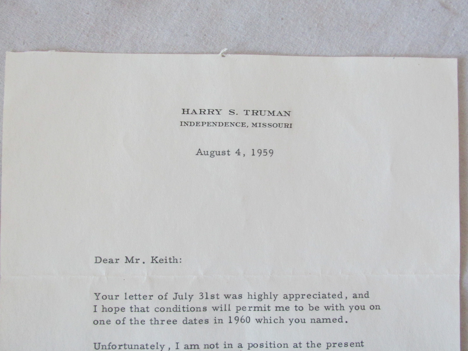 Harry Truman Signed letter to Principles Association Missouri 1959 w Envelope