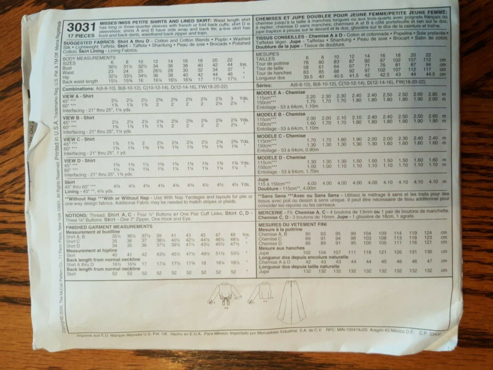 VINTAGE UNOPENED McCALLS PATTERN MISSES/PETITE SHIRT & LINED SKIRT 6-8-10 # 3031