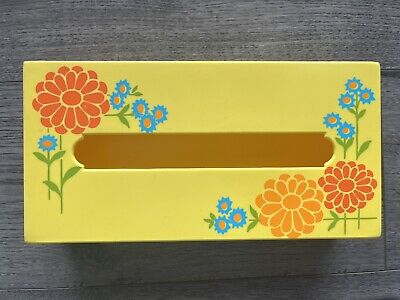 Vintage Tissue Box Holder  Plastic Flower Yellow Retro Mod Table Wall Mount