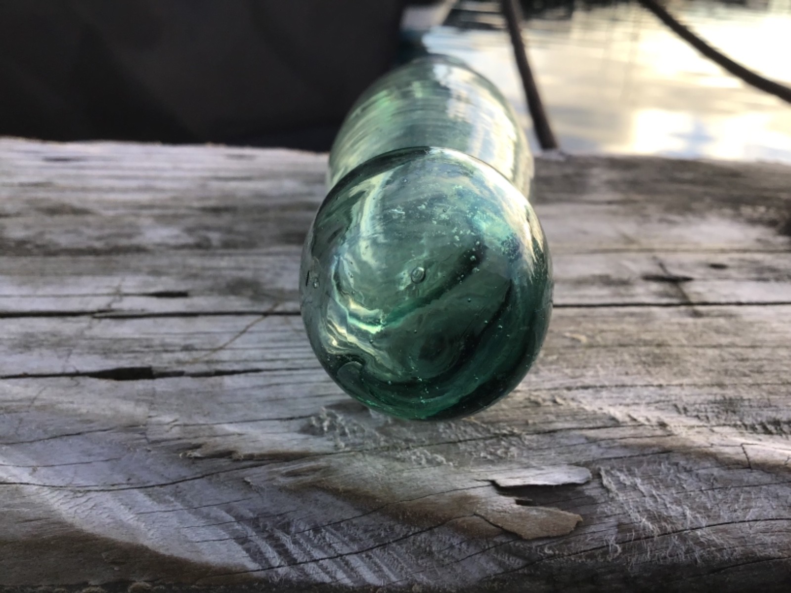 Beachcombed Glass Fishing Float found in Alaska, Shark Roller 7” long, 1.5” wide