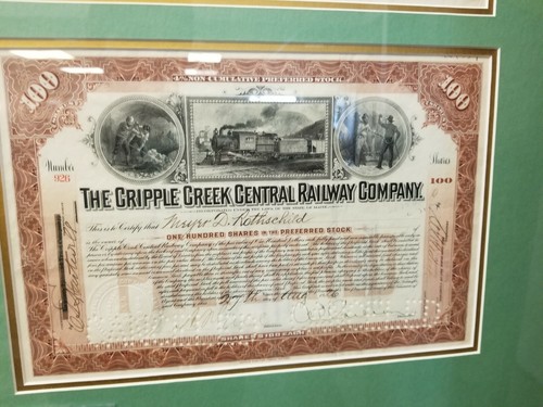 CRIPPLE CREEK, CO railway and GOLD mining certificates, framed and prestine