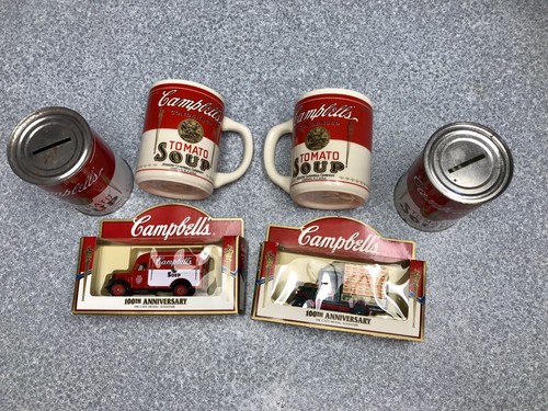 Set Of 6 Campbell Soup Collection-mugs, Banks, Diecast Trucks