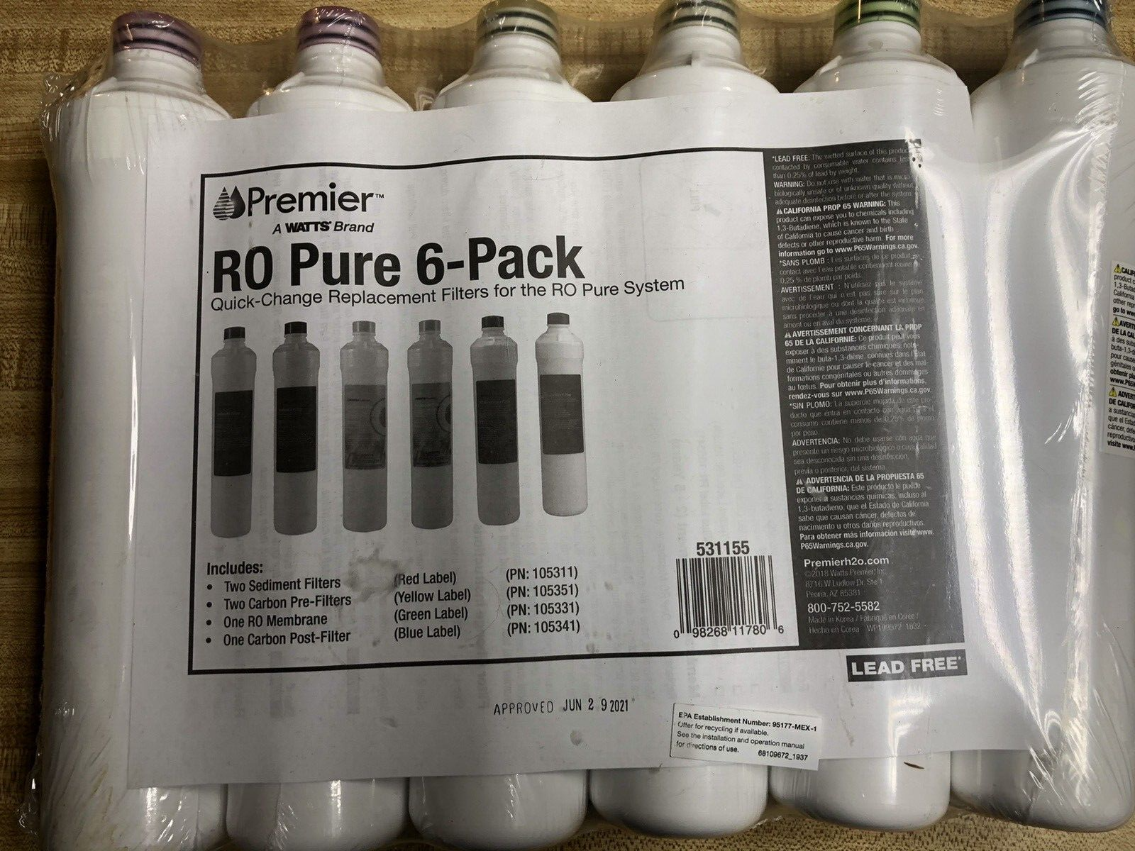 BRAND NEW WATTS PREMIER RO PURE 6 PACK WATER FILTER REPLACEMENT KIT