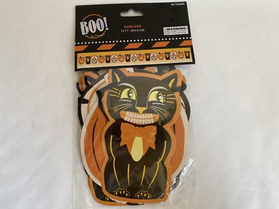 Halloween BLACK CAT + Jack O  Lanterns + SKULLS 10 Ft Garland / Halloween Banner