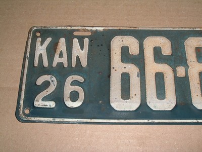 1926 Kansas License Plate 66-855 Car Tag