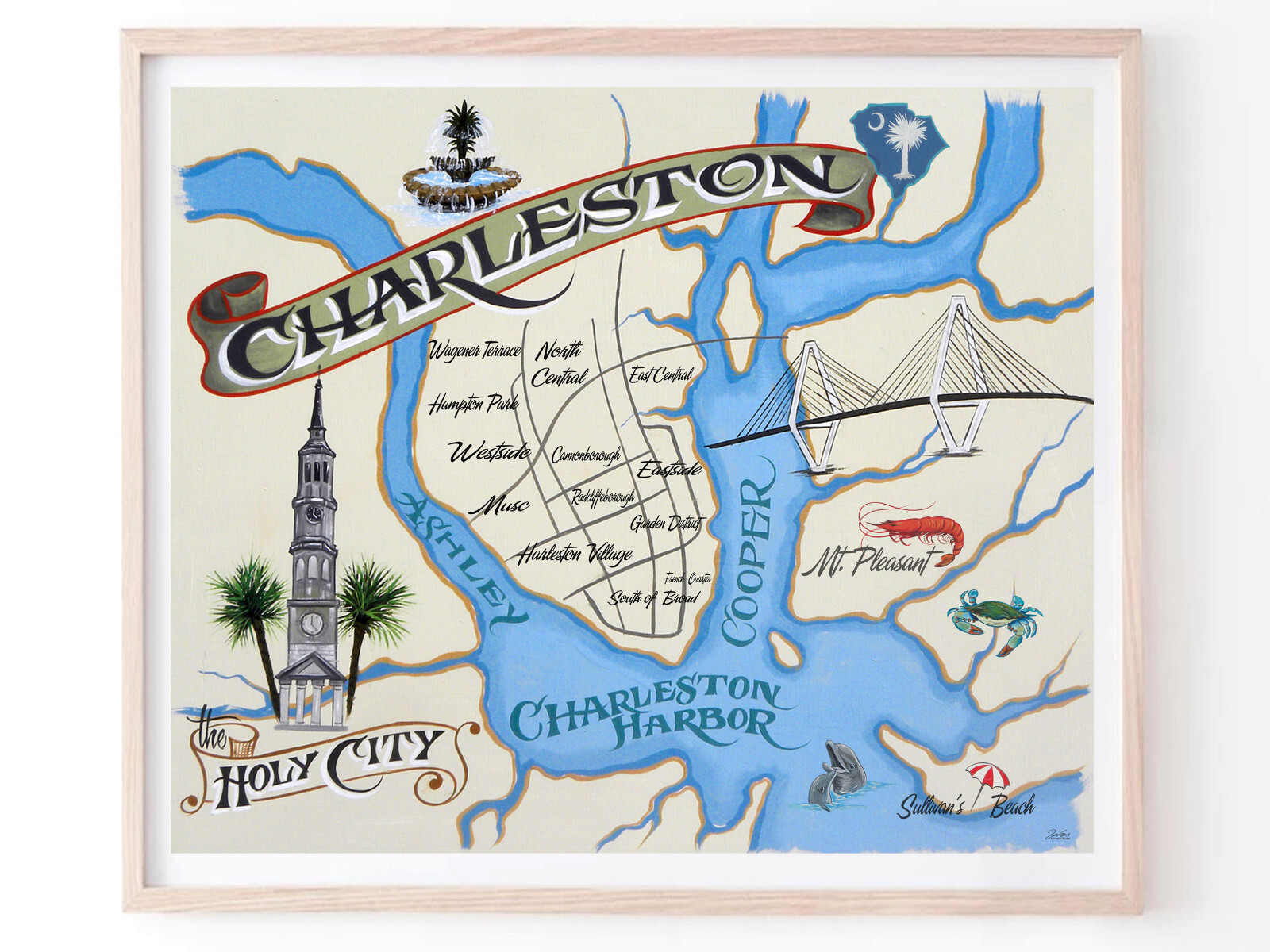 Charleston SC retro map Print art decor vintage style South Carolina beach