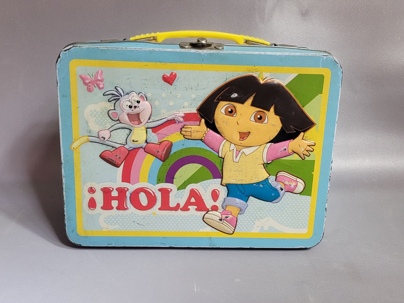 Vintage Dora The Explorer Metal Tin Lunch Box Boots Handle Opens