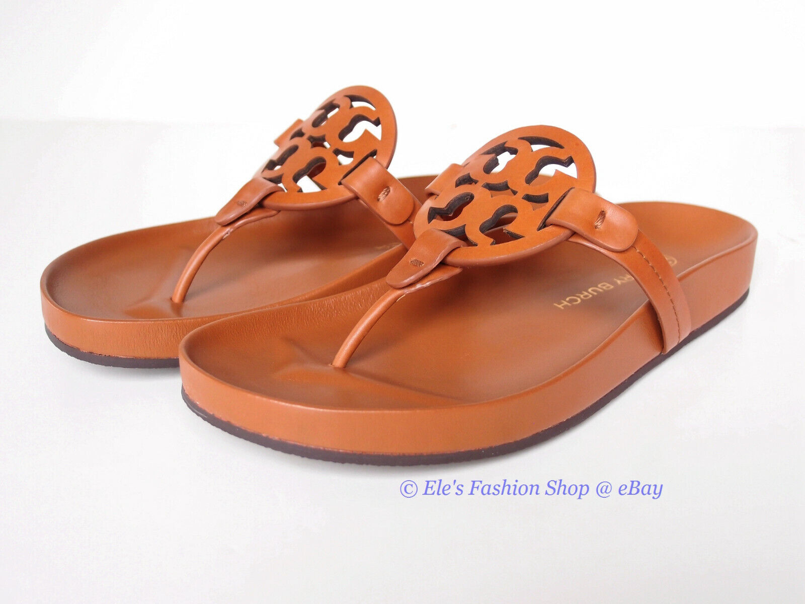 Pre-owned Tory Burch Miller Cloud Leather Thong Sandals Aged Camello Us 8 Authentic