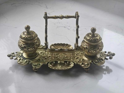 Antique 1880 Brass Inkwell and Additional Inkwell with Rifles and Cannon Balls