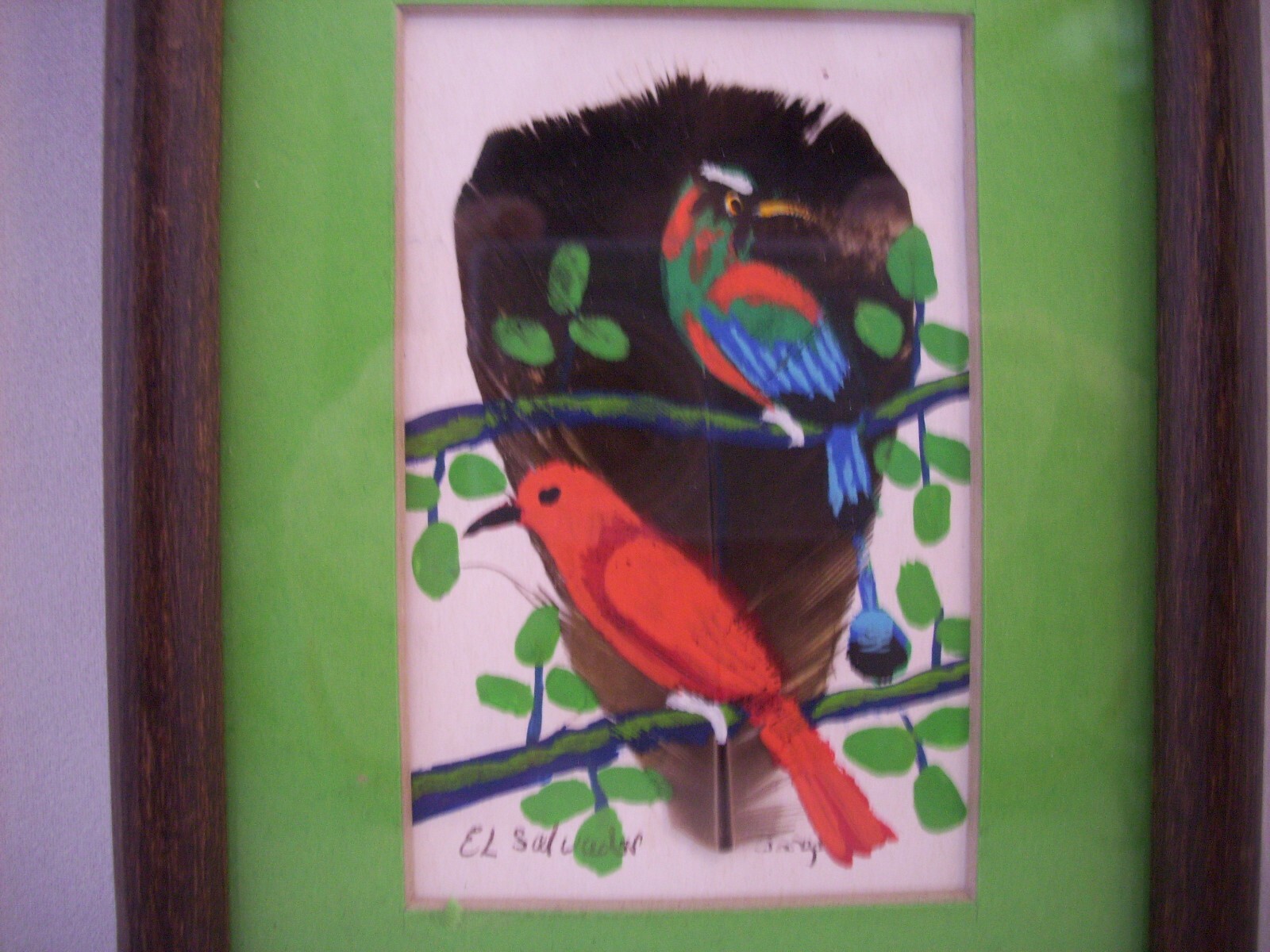 HAND PAINTED FEATHER from EL SALVADOR Small 3 x 4 inches Framed BIRDS PAINTING
