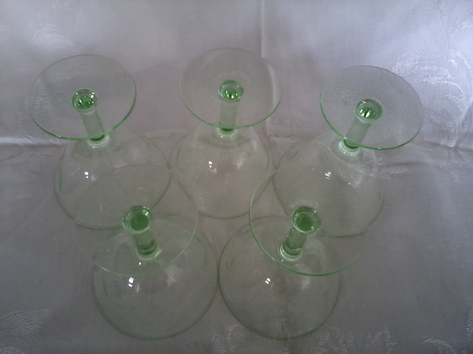 5 GREEN DEPRESSION GLASS WINE GLASSES ETCHED FLOWERS, MAYBE CHAMPAGNE