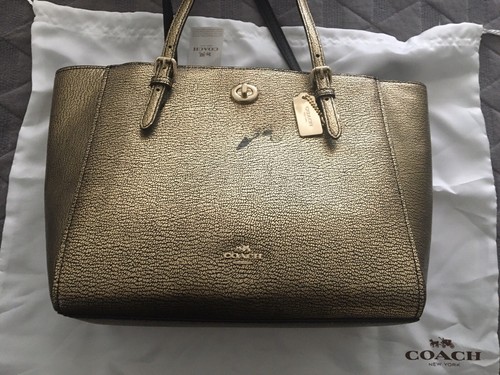 Coach Gold Metallic Turnlock Tote 36459 Front Spot See Pics