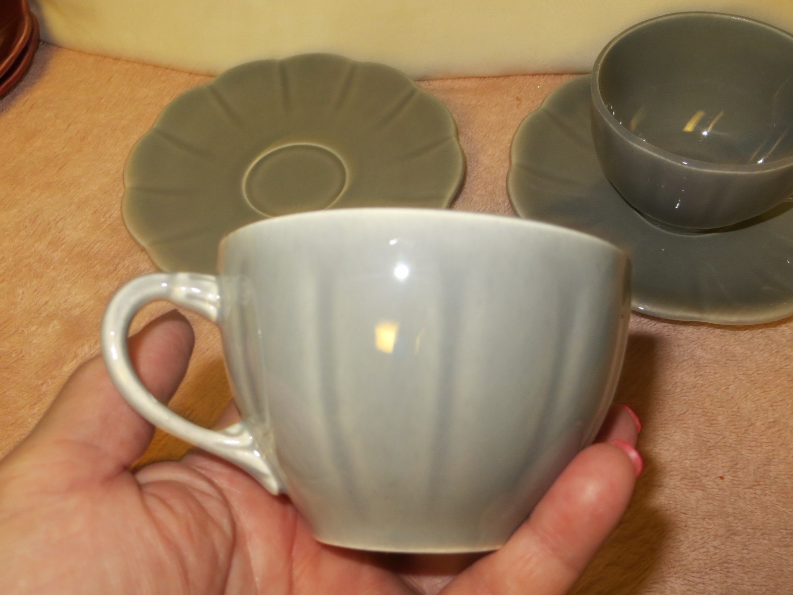 2 Vintage W.S. George Petalware Cup & Saucer Sets - Gray