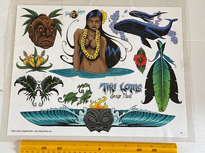 Vintage Art Tattoo Flash Sheet Tiki Lotus George Davis  /T648