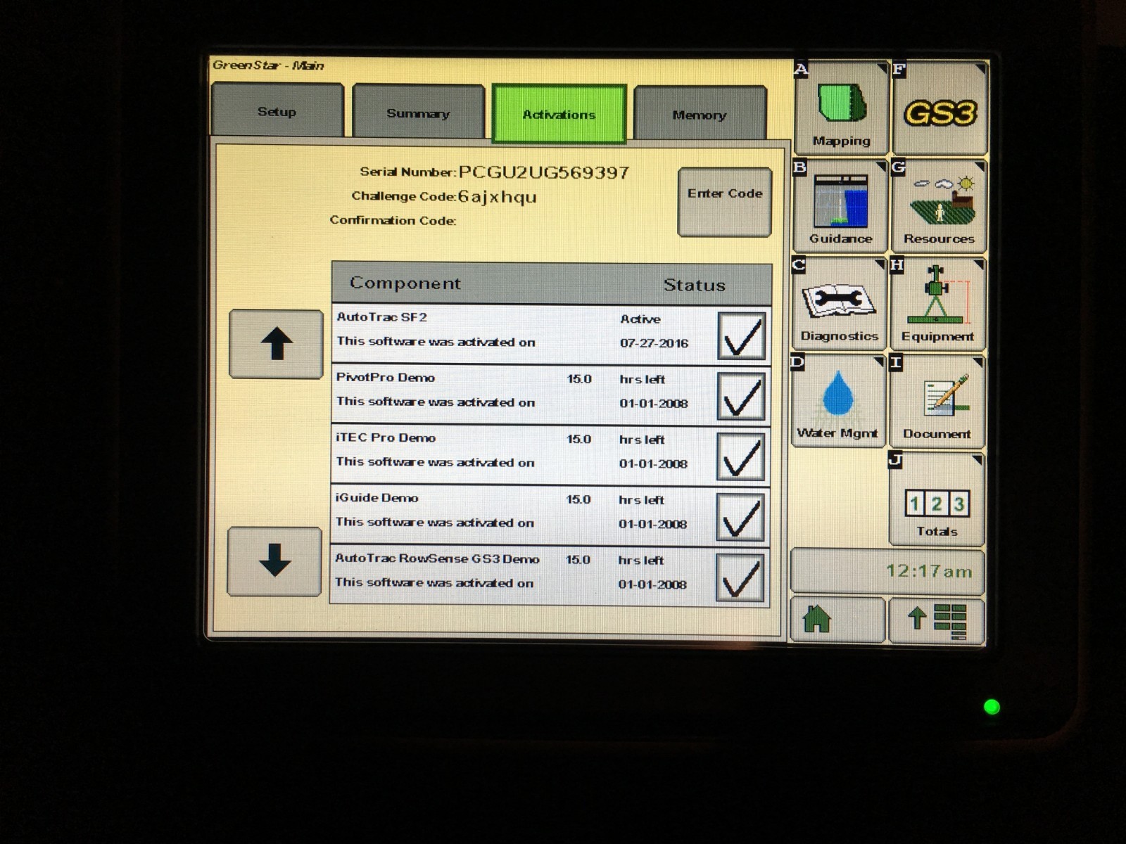 John Deere Greenstar Starfire GS3 2600 GPS Display With SF2 and Section Control