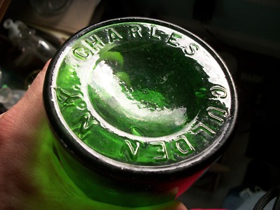 MASSIVE GREEN FOOD BOTTLE CHARLES GULDEN NY APPLIED LIP 13.5 INCHES TALL! 1880S