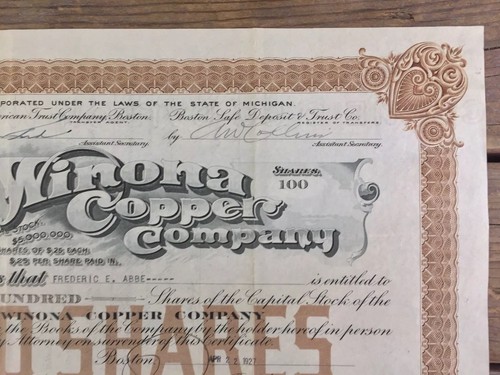 Winona Copper Company Stock Certificate 100 Shares Michigan Mining 1927 A7484