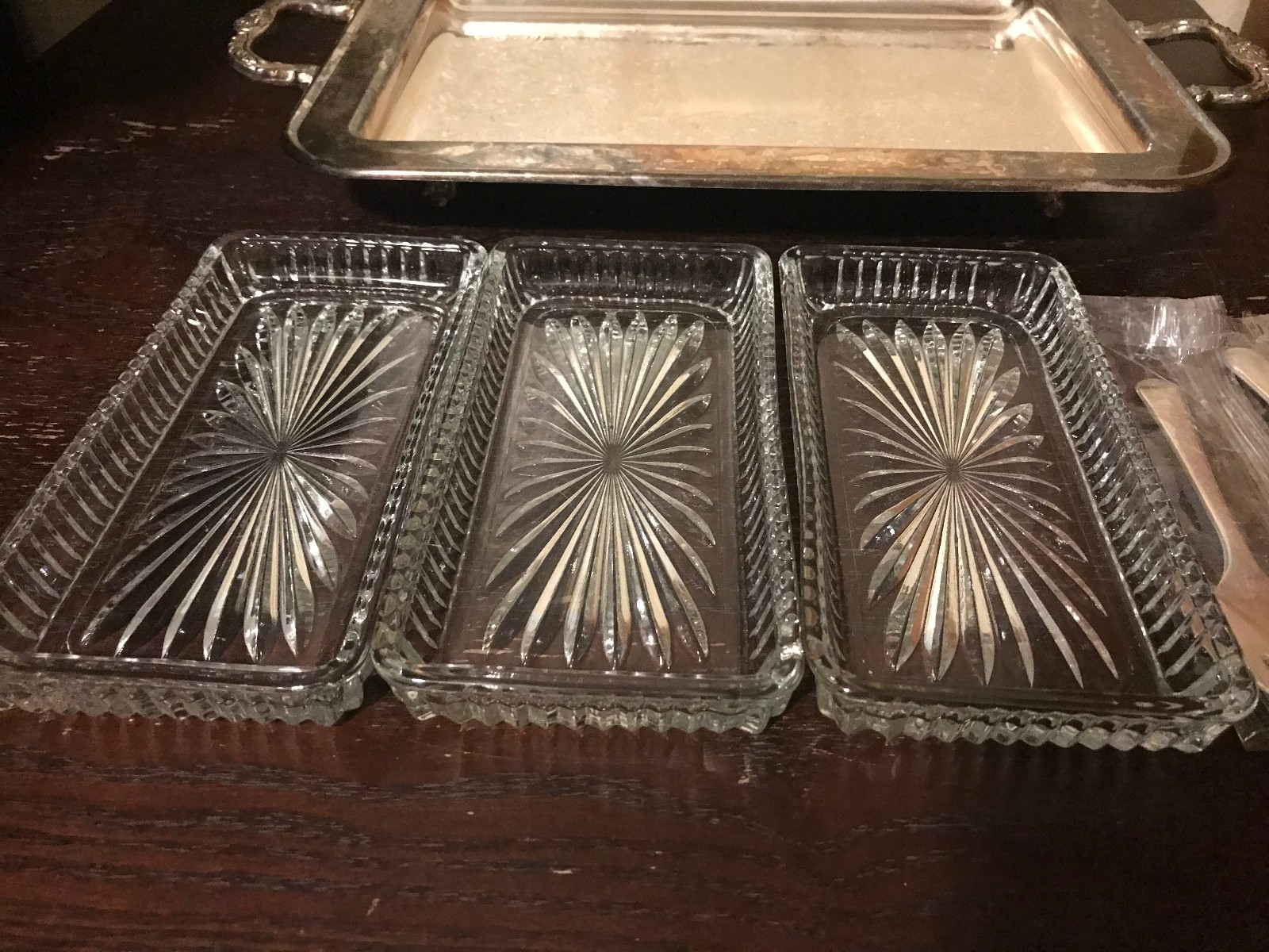 VTG Silver Plate Footed Serving Tray - Three glass inserts- forks by LEONARD~USA