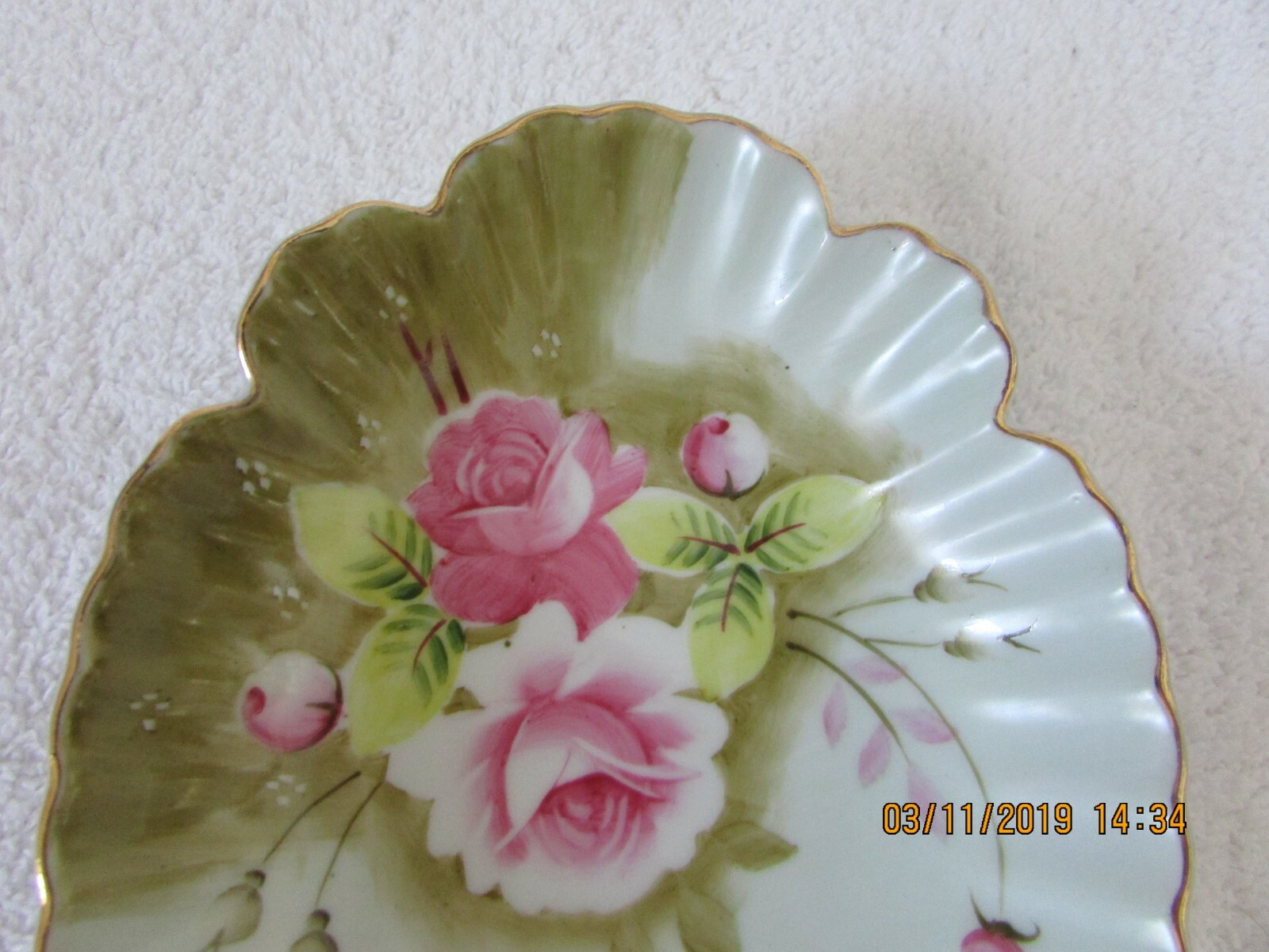 Lefton Green Heritage Pink Roses 1860 Bon Bon Relish Nappy Trinket Soap Dish VGC