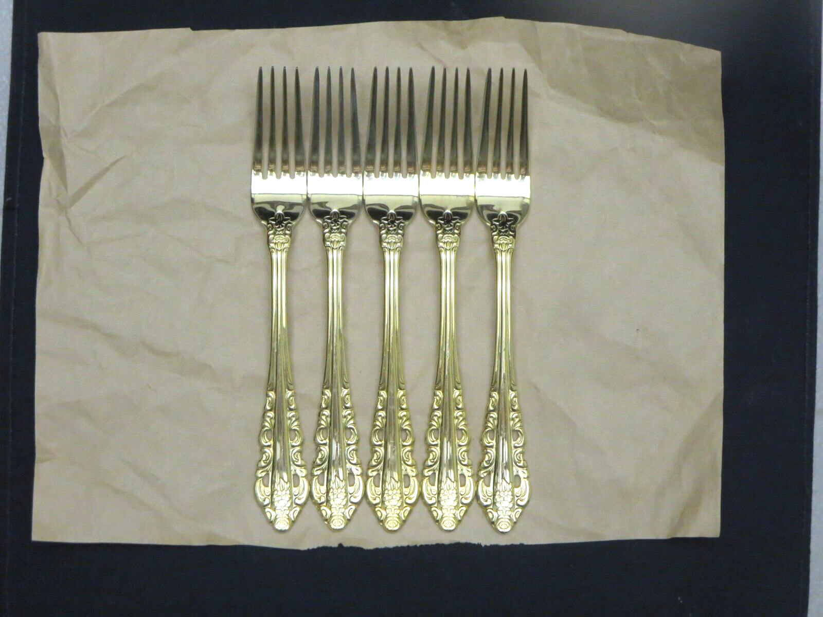 5 Wallace Antique Baroque GOLD Plated Stainless Dinner Forks