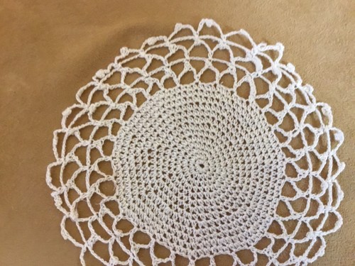 Vintage Hand Crocheted Round Doily, Circular Design, Lt. Beige, Scalloped Edges