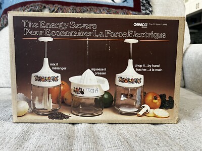 Vtg Gemco Energy Savers Set Top o' Spice Pattern Hand Mixer Juicer Chopper & Box