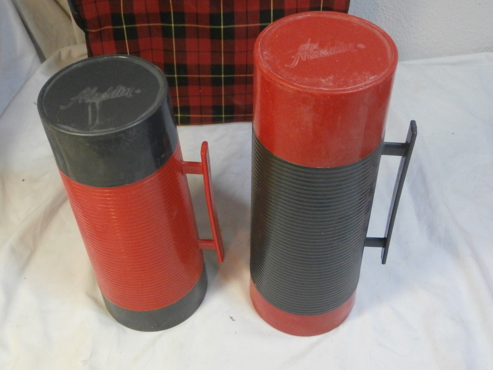 vintage aladdin red plaid 1970's picnic set sandwich box , thermos vacuum bottle